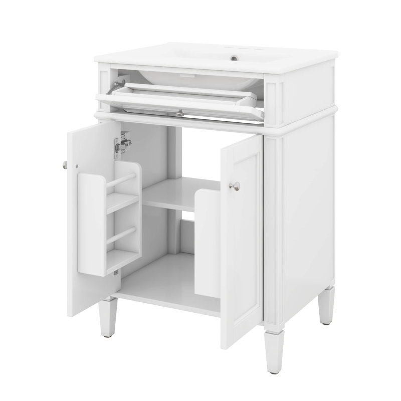 Meuble-lavabo autoportant de 24 po avec lavabo en céramique, armoire de rangement avec 2 portes et tiroir basculant, Blanc