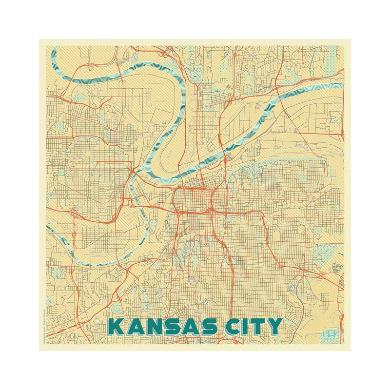 Kansas City Retro Urban Blueprint Map by Hubert Roguski - Wrapped Canvas Gallery-Wrapped Canvas Giclée