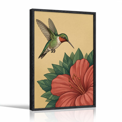 Art mural sur toile Colibri planant près d'une fleur rouge avec des feuilles vertes