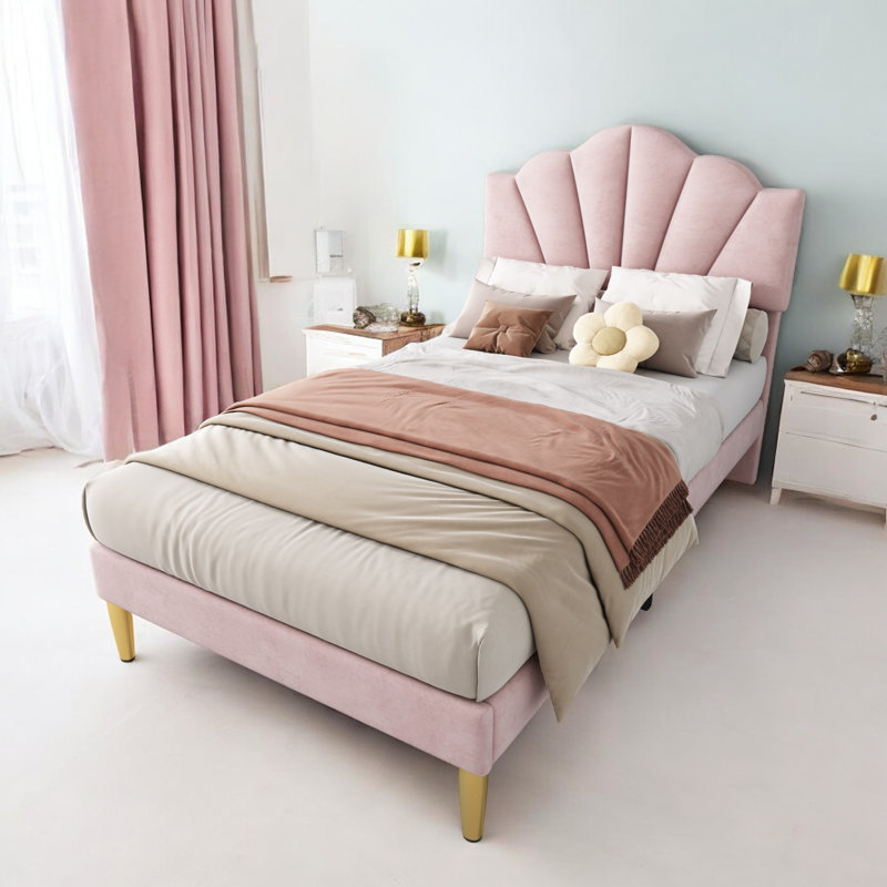Aarna Velvet Upholstered Bed, Pink, Single (95 x 195 cm)