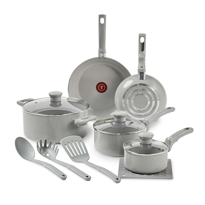 T-fal Essentials, Non-stick 12 Piece Pots And Pans Cookware Set, Moon Grey