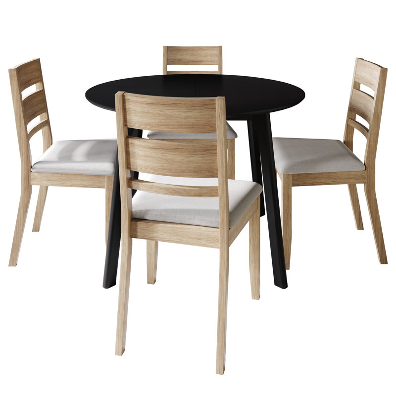 5-Piece Dining Set With Black Round Table And Natural Oak Upholstered Horizontal Splat Back Chairs, Nature Oak