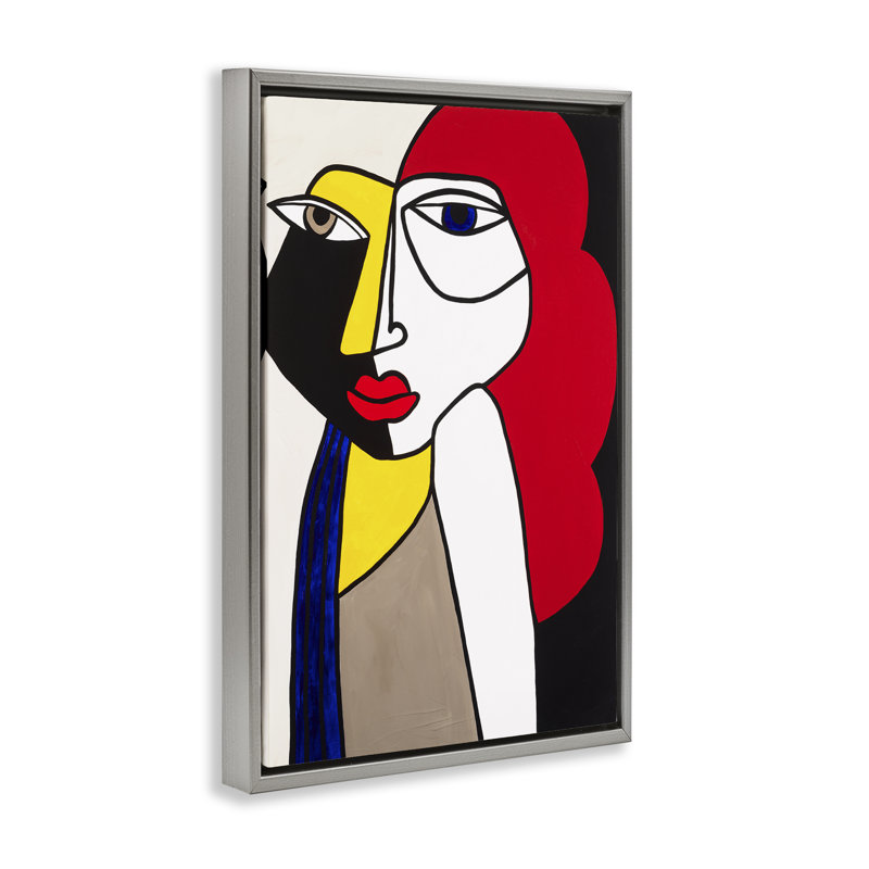 «Her Abstract Cubism Face», toile encadrée dorée par Ruth Fromstein, H 31 po x l 21 po, Cadre flottant gris lustré