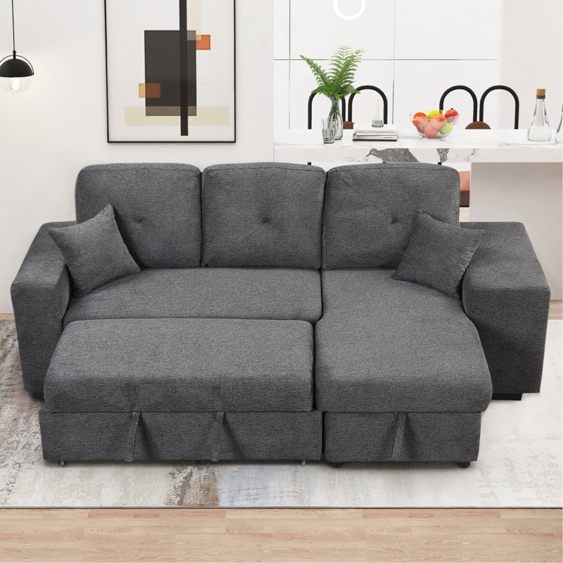 Versatile Reversible Sofa Bed With Side Shelf And Storage Chaise, Black/Blue Velvet