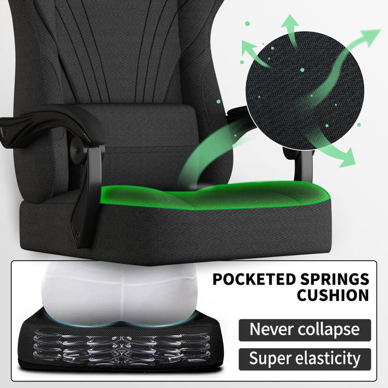 Fauteuil de jeu en tissu avec repose-pieds et soutien lombaire, haut dossier ergonomique , Noir, noir, noir, noir
