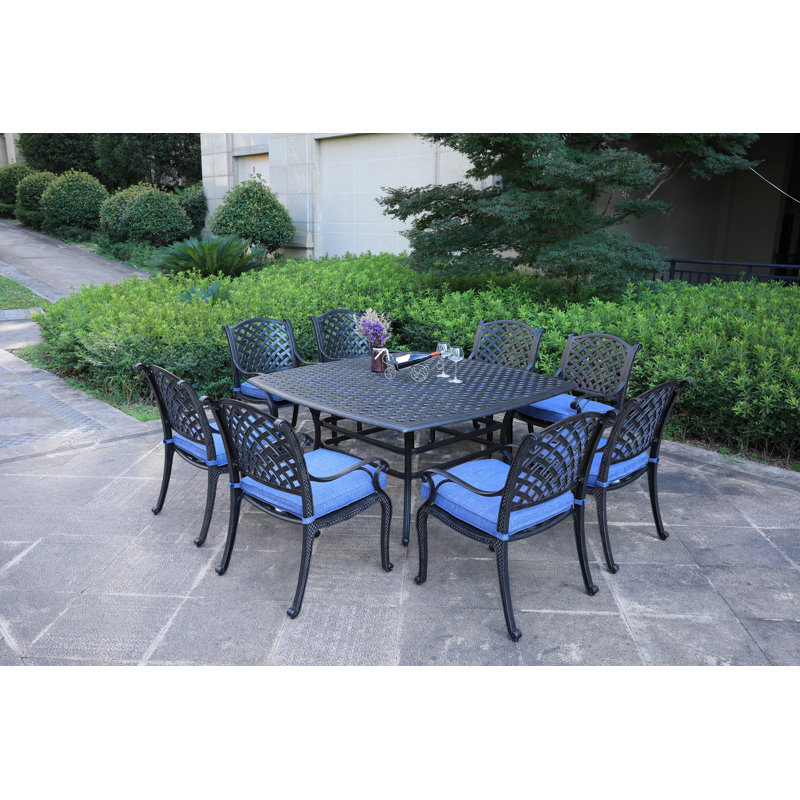 Ensemble de salle à manger carré en aluminium pour 4 personnes avec coussins Square, Bleu marine antique