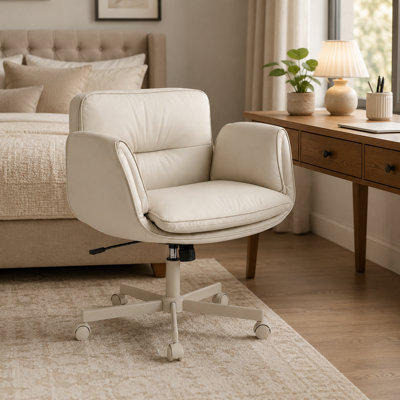 Chaise d'appoint 5 positions à accoudoirs ajustables avec assise large, revêtement en similicuir, pivotant sur 360 °, hauteur réglable et roulettes