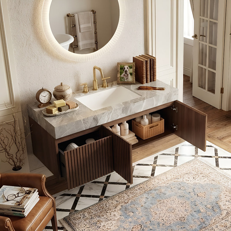 Meuble-lavabo flottant 30 po / 36 po / 48 po avec plateau en pierre frittée et lavabo en céramique, armoire de rangement moderne en bois avec fermeture en douceur et 1 tiroir