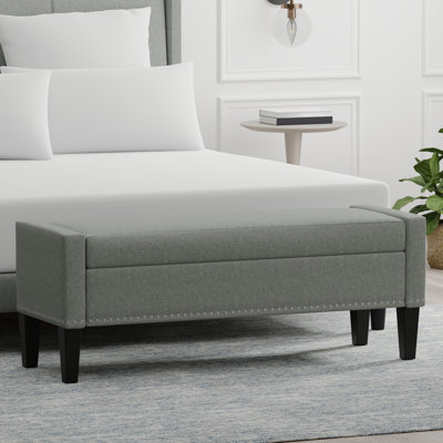52" Upholstered Storage Bench With Truncated Arms and Nailhead Trim