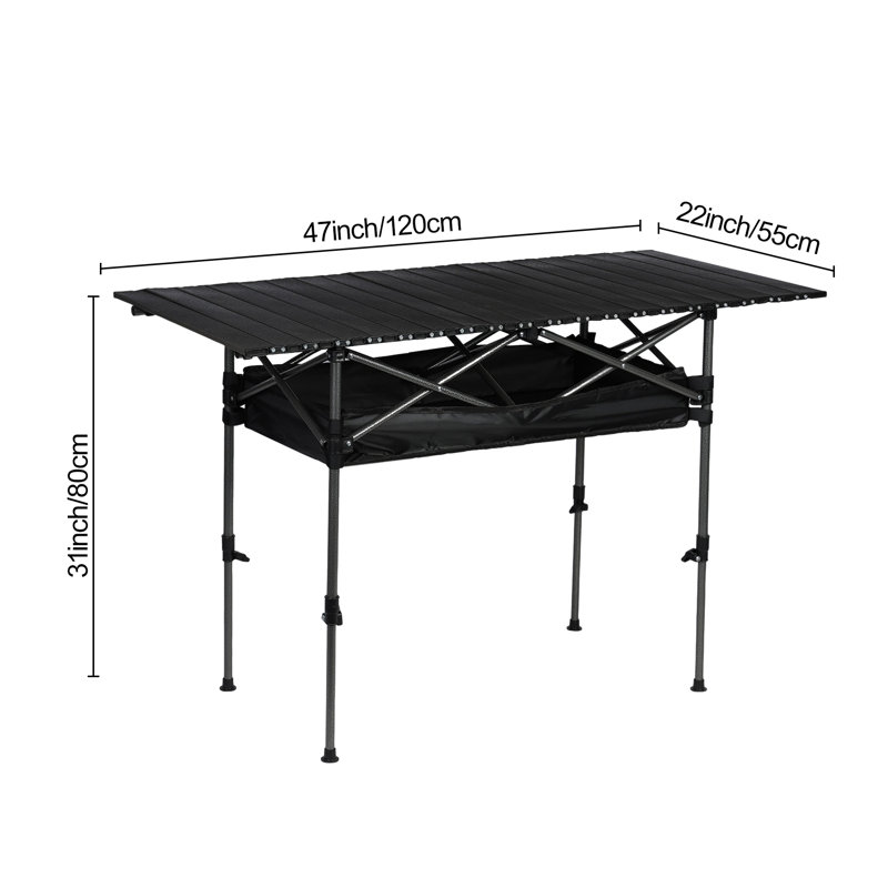 Adjustable Height Camping Table, Folding Portable Outdoor Table with Large Storage Organizer and Carrying Bag, Collapsible Picnic Table 120cm (L) x 55cm(W)