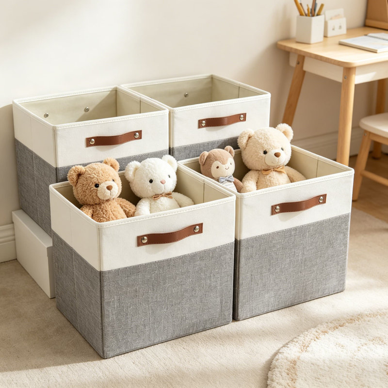 Bacs de rangement pliables en tissu avec 2 poignées en polyuréthane renforcé, paniers de rangement pliables pour placard, tablettes, salon, 11 x 11 x 11 po, paquet de 4, gris et blanc