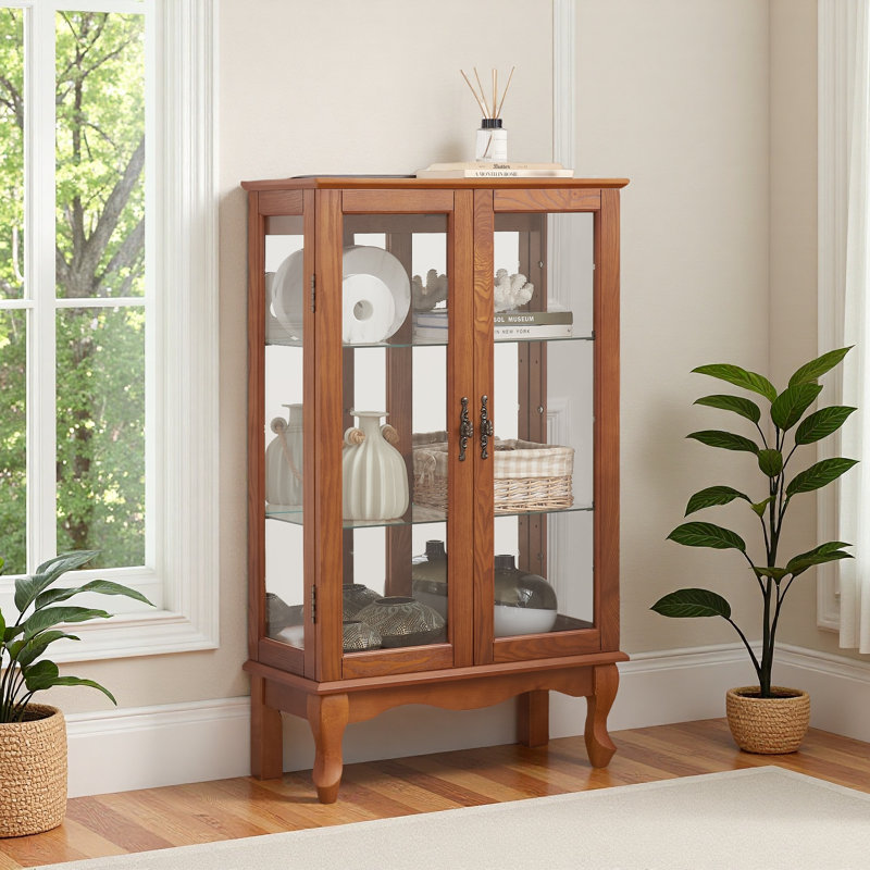Elegant 2-Door Curio Cabinet With Tempered Glass Doors, Mirrored Back Panel, And Adjustable Shelves - Lighted Display Cabinet For Home And Office