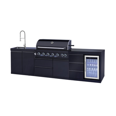 Calvora Modern Black 304 Stainless Steel 6-Burner Outdoor Kitchen Island Grill with Refrigerator, Trash Cabinet & Granite Countertops