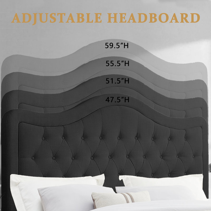 Tête de lit tapissier réglable en lin fin et capitonnage pour la chambre à coucher, Noir, Grand lit