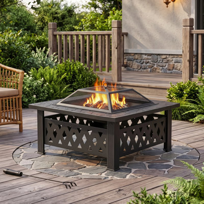 Square Black Wrought Iron Wood Burning Fire Pit, Diamond Lattice Cutout Outdoor Fire Table with Pyramid Mesh Spark Screen & Metal Fire Poker, Multi-functional Fire Bowl for Backyard, Lawn, Garden Camping & Family Gatherings