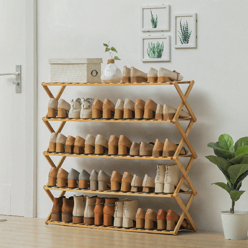 4 Tiers 16 Pairs Bamboo Folding Shoe Rack, Storage Organizer Stand for Entryway, Installation-Free