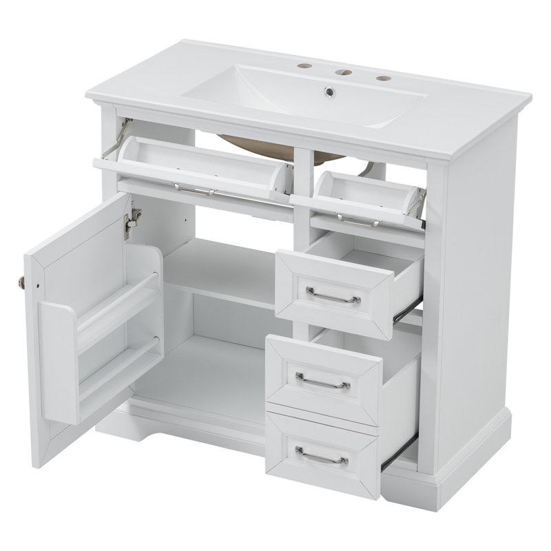 Ensemble de meuble-lavabo 36 po avec lavabo sous-comptoir en céramique et rangement à fermeture en douceur, Blanc