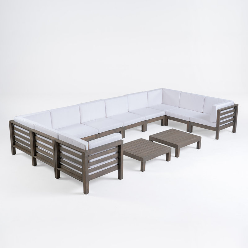 Ajanai Acacia 8 - Person Modular Patio Conversation Set with Cushions, Gray Frame/White Cushion