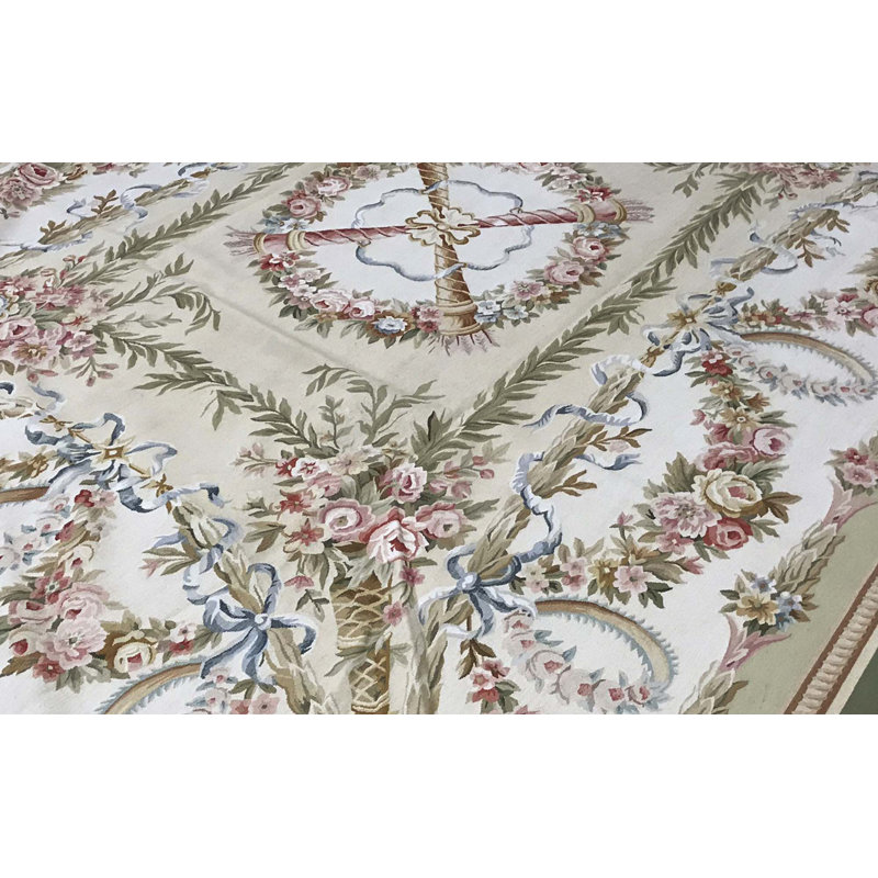 Tapis ivoire et vert noué à la main de haute qualité