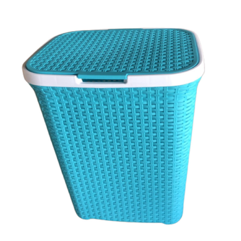 Plastic Laundry Hamper with Handles, Blue/White