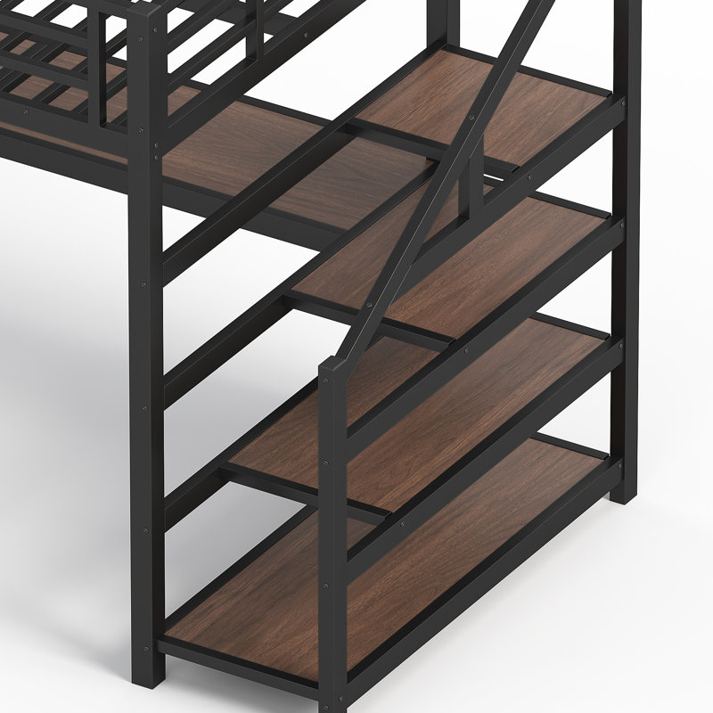 Black Twin Xl Loft Bed With Built - In Desk, Storage Stairs, Led Lighting, Ports, Iron Nets, Stable And Quiet, Metal Storage, Lights, Charging Frame, Noise ,