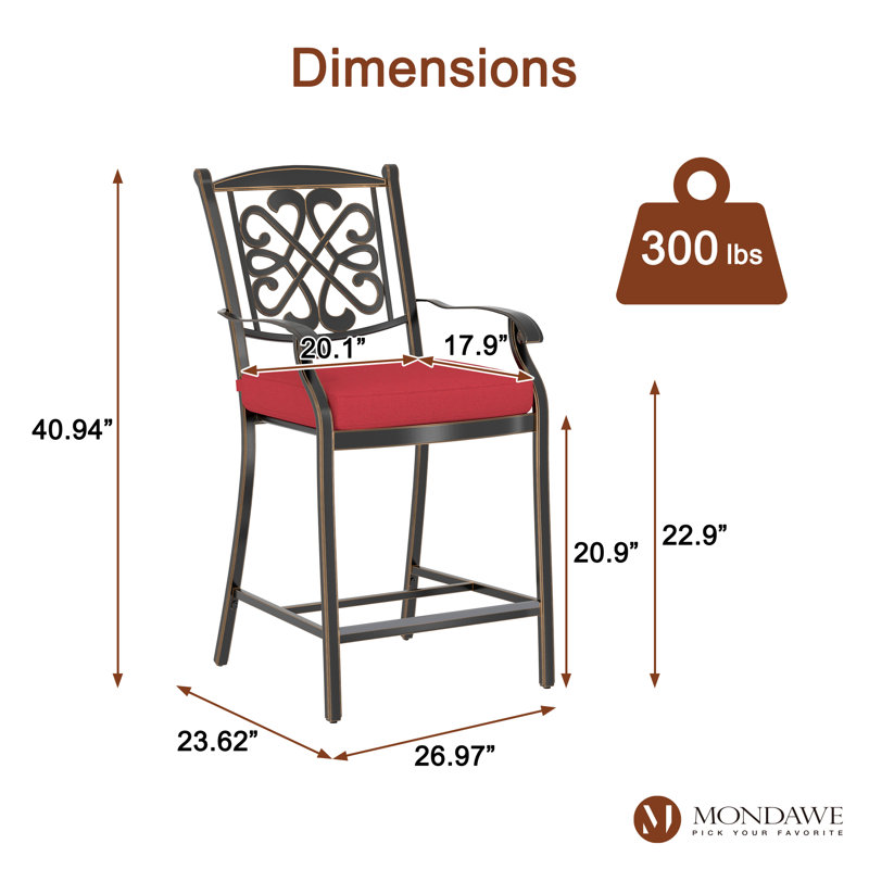 Tabouret de bar courbé en fonte d'aluminium avec coussin en losange 21 po, Rouge