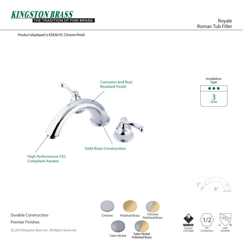 Kingston Brass Royale Two-Handle 3-Hole Deck Mount Roman Tub Faucet, Brushed Nickel/Polished Brass
