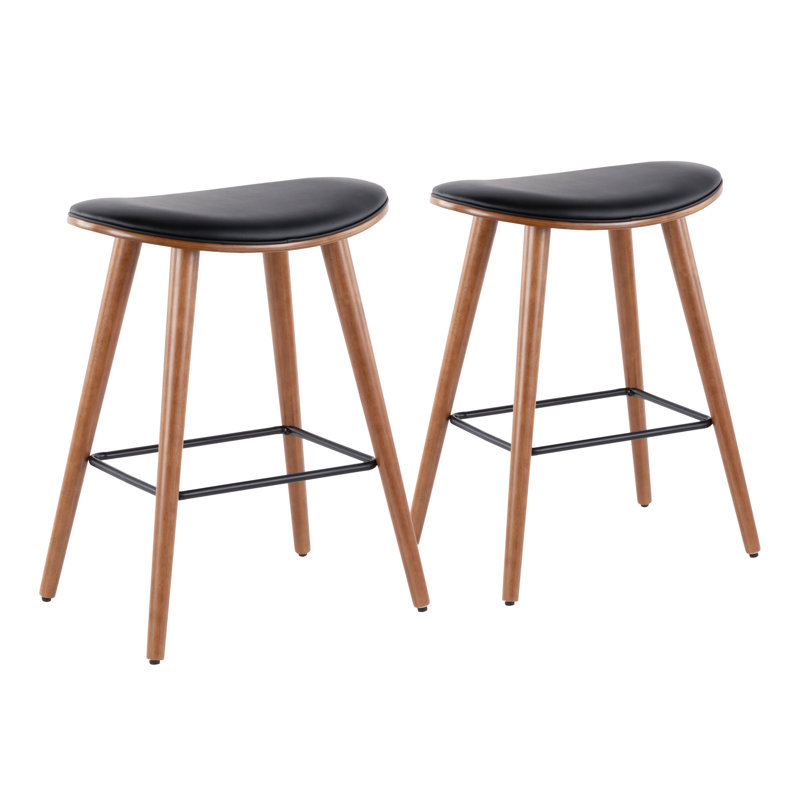 Tabouret de comptoir 25 po Cabott, Similicuir noir, Walnut Wood/Black Metal