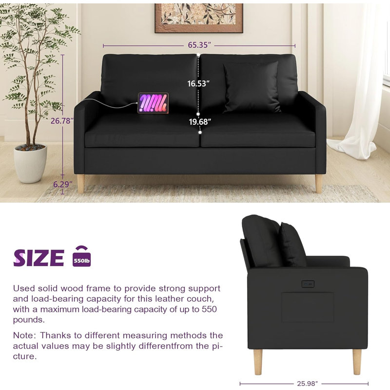 65" Black Faux Leather Sofa