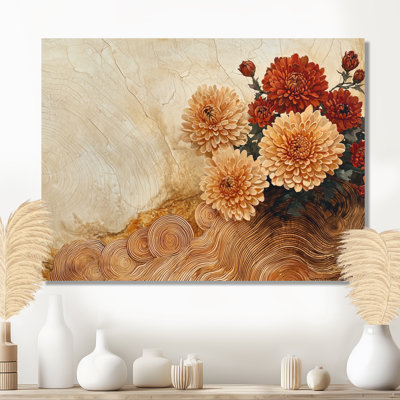 Fleurs d'automne de chrysanthèmes sur un plateau en bois diapositive IV - Art mural de salon