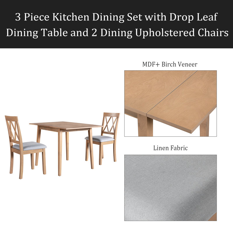 Ensemble de salle à manger 3 pièces avec table à abattants et 2 chaises rembourrées, ensemble de salle à manger pour petits espaces