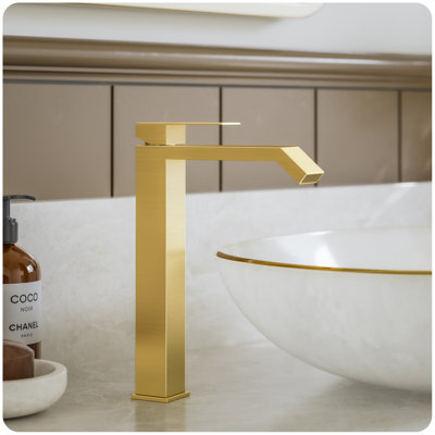 Brushed Gold Bathroom Faucet Brass Vessel Sink Faucet, Square Single Hole Single Handle Waterfall Above Counter Sink Faucet with Metal Pop Up Drain Without Overflow