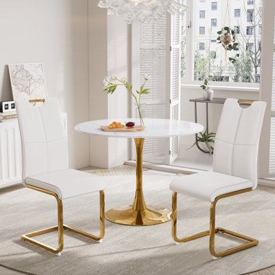 Mercer41 3-Piece Modern Gold Dining Table with Luxe Leather Chairs Set