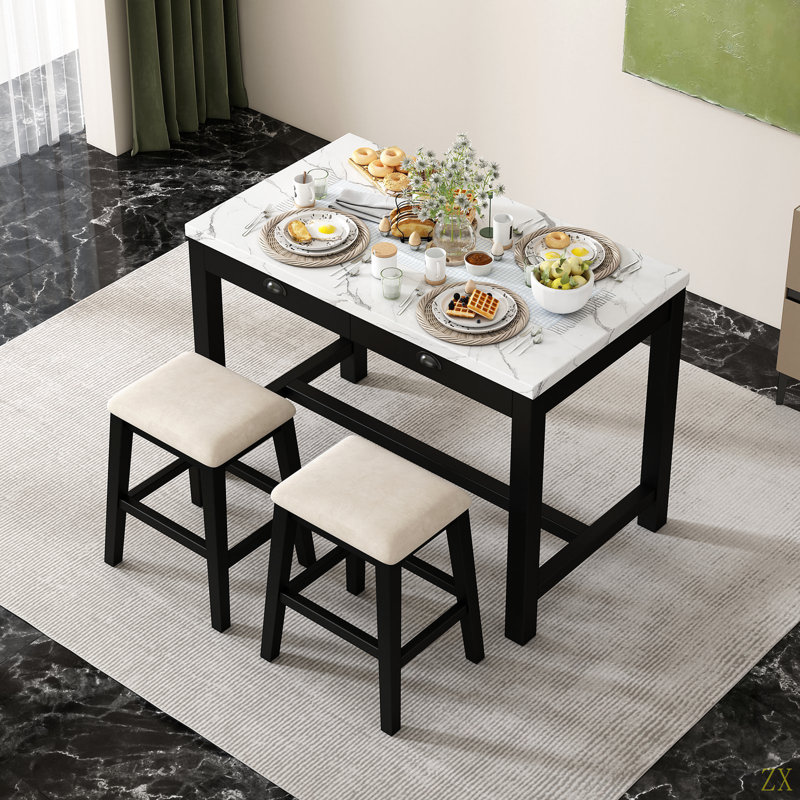 Ensemble de table de salle à manger 3 pièces pour 2 personnes, ensemble de 2 tables de cuisine à hauteur de comptoir et 2 chaises avec tiroirs de rangement, table de salle à manger en marbre avec 2 chaises rembourrées pour petits espaces
