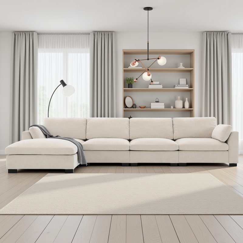 Canapé modulaire en L à 5 places avec table pliante, ports de charge et repose-pieds, tissu chenille