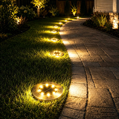 Low Voltage Solar Ground Lights 8 LED Garden Waterproof Disk Light Outdoor Pathway Metal Well Light