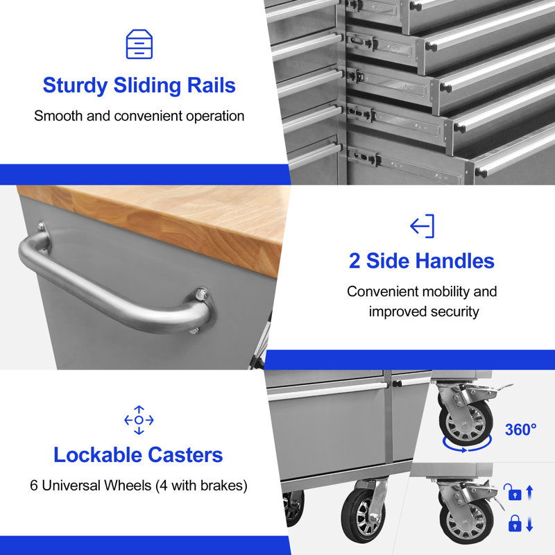 96-Inch Stainless Steel Rolling Tool Box with 24 Drawers, Heavy-Duty Mobile Garage Workbench, Lockable Large Tool Chest Storage Cabinet with Wheels for Workshop