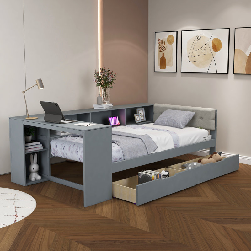 Lit plateforme simple en bois avec tablettes de rangement, ports USB et bureau, gris, Lit simple