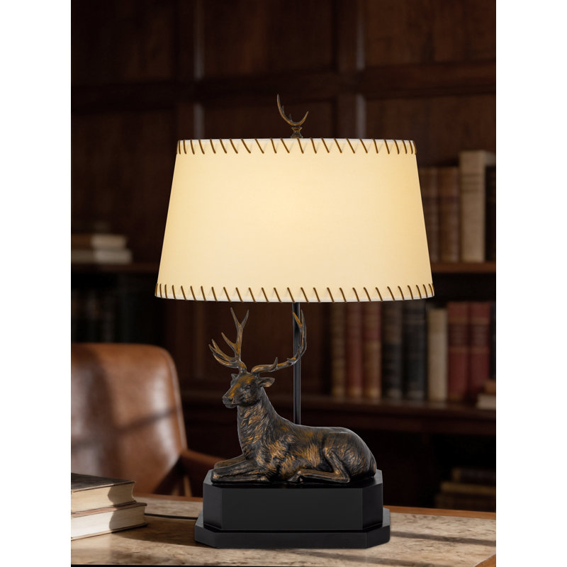 Lampe de table en résine 29 po de hauteur avec finition bronze antique et abat-jour ovale en papier
