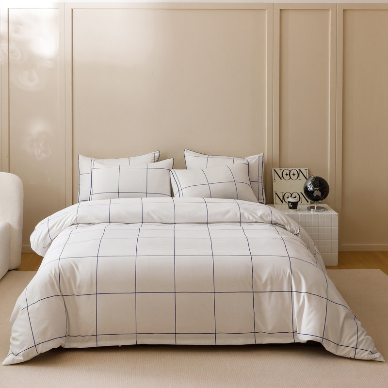 Comforter Set Geometric Bedding Set 3 Pieces Strips Grid Comforter Set, Twin Comforter + 2 Pillowcases, Navy Grid