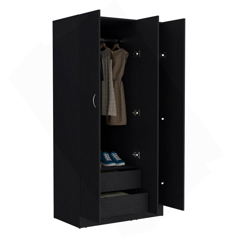 Armoire Ohio avec 3 portes, 2 tiroirs et 4 tablettes à niveaux - noir, Noir