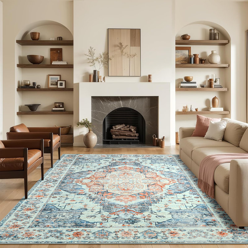 Straub Large Tranditional Rugs Living Room Rug Washable Bedroom Rug Non-Slip Colorful Vintage Accent Floor Carpet For Home DecorBlue