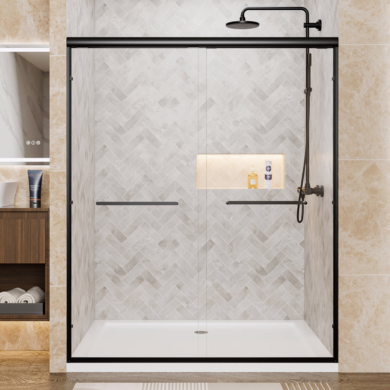 Aluminum Frame Double Sliding Shower Door, 1/4" (6Mm) Clear Tempered Glass With Explosion-Proof Film, Dual Stainless Steel Handles