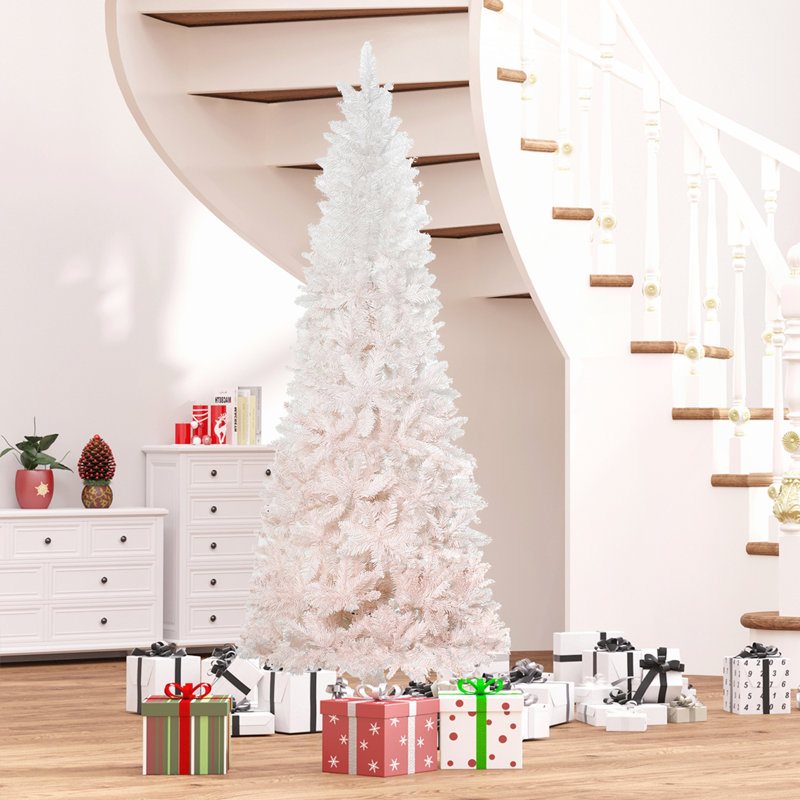 Sapin de Noël artificiel non éclairé 7 pi avec branches réalistes et base en acier, rose et blanc, 7'