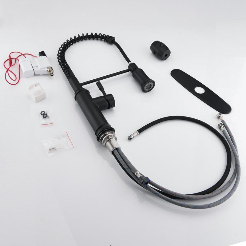Robinet de cuisine simple rétractable avec accessoires, Noir mat