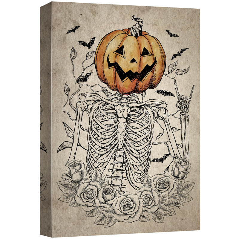 Squelette avec citrouille et chauves-souris Moody foncé, œuvres d'art moderne, décor, Toile tendue, H 18 po x l 12 po