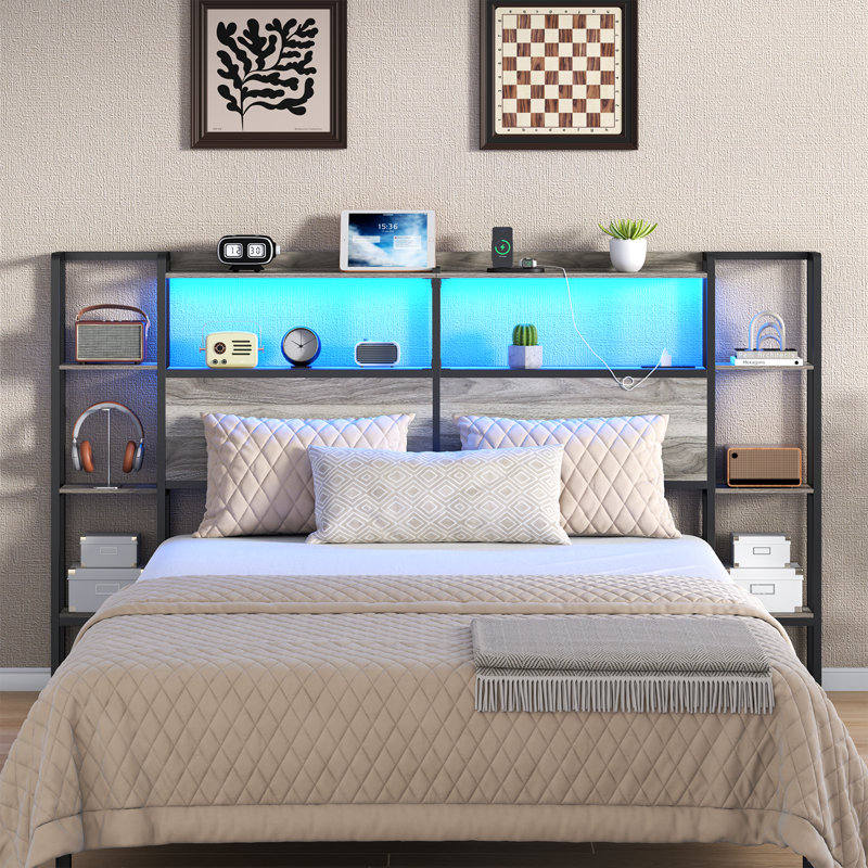 Tête de lit en métal pour lit avec tablettes de rangement, têtes de lit avec station de charge et lumières DEL pour la chambre à coucher