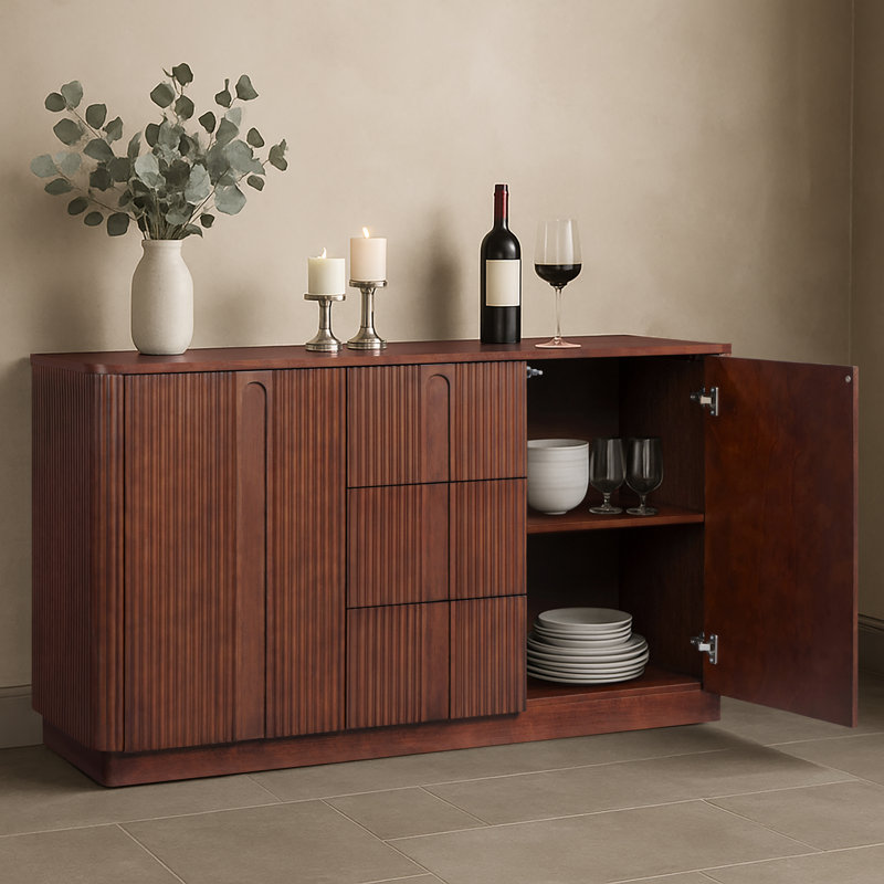 Buffet en bois massif à 3 tiroirs Potomac Reeded avec 2 portes et tablettes réglables, Noyer