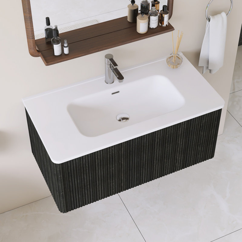 Meuble-lavabo mural simple 36 po avec comptoir intégré en céramique blanche, Noir, 36"