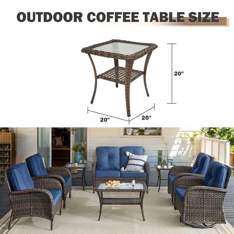Table d'appoint d'extérieur en osier de patio brun avec plateau en verre, Brun